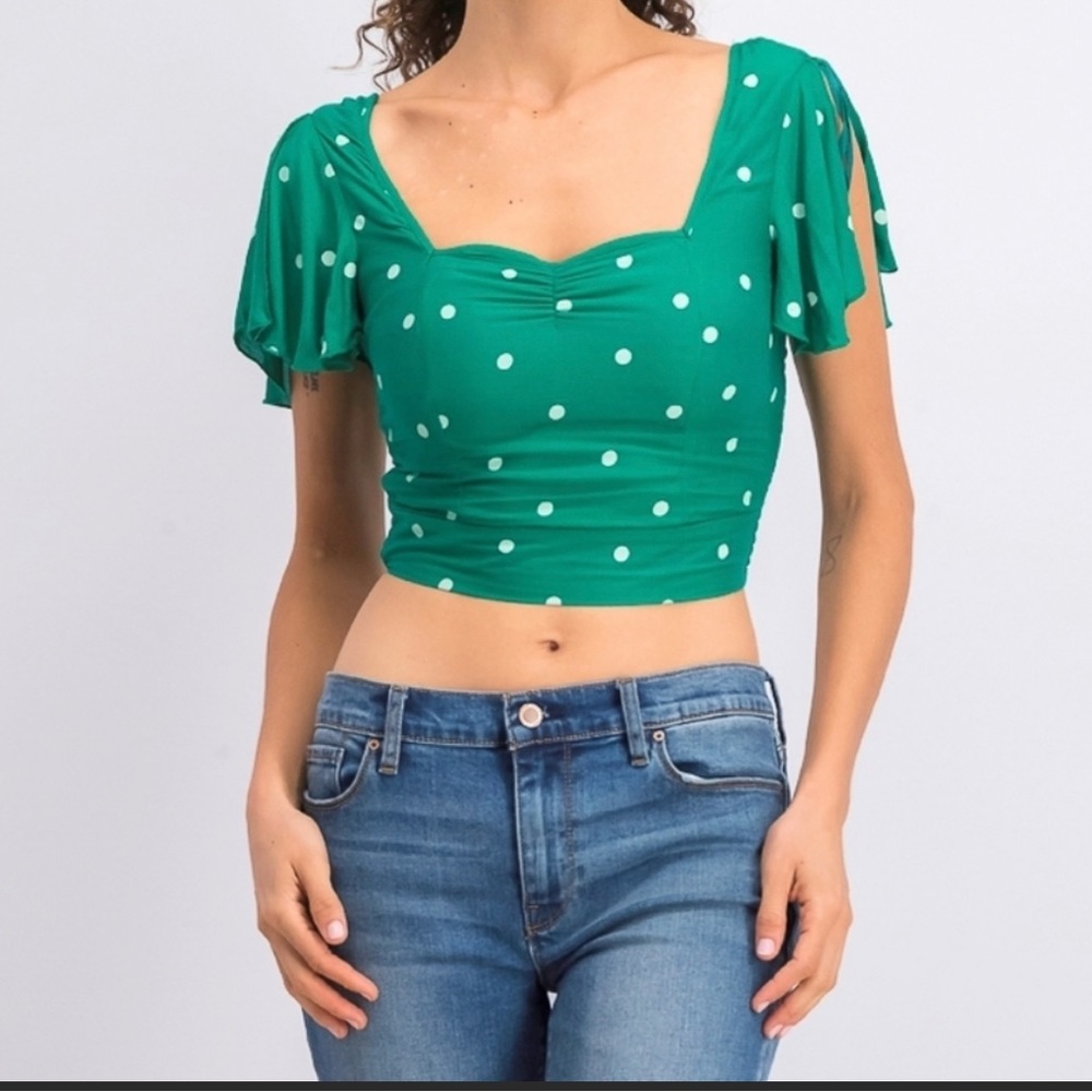 NWT $98 Band of Gypsies Jade/Ivory Polka Dot Crop Large